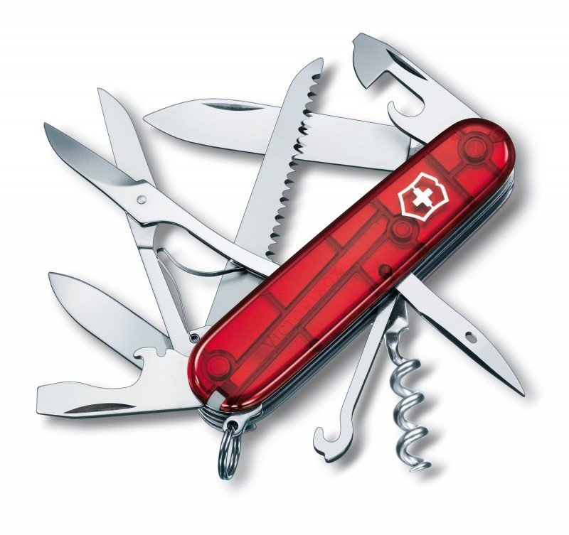 Scyzoryk Victorinox Huntsman - Z nożyczkami, korkociągiem, otwieraczem do puszek, wielofunkcyjny - 91 mm - Czerwony przezroczysty