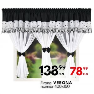 Biała firana woalowa Verona 400x150 cm – czarny lambrekin i efektowne kokardy