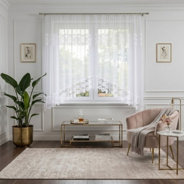Aranżacja jasnego salonu z zawieszoną w oknie białą firaną Megan.