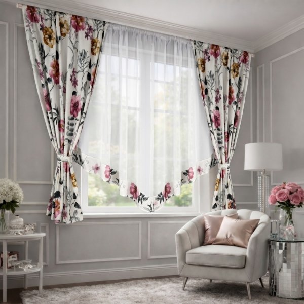 Jasny salon z zestawem firan Ariel w oknie, prezentujący eleganckie połączenie bieli i kwiatowych motywów w nowoczesnym wnętrzu.