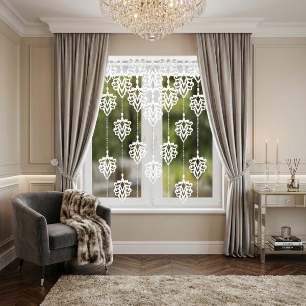 Ażurowy panel dekoracyjny Flavia w aranżacji okna – elegancki biały filc z koralikami w nowoczesnym wnętrzu.