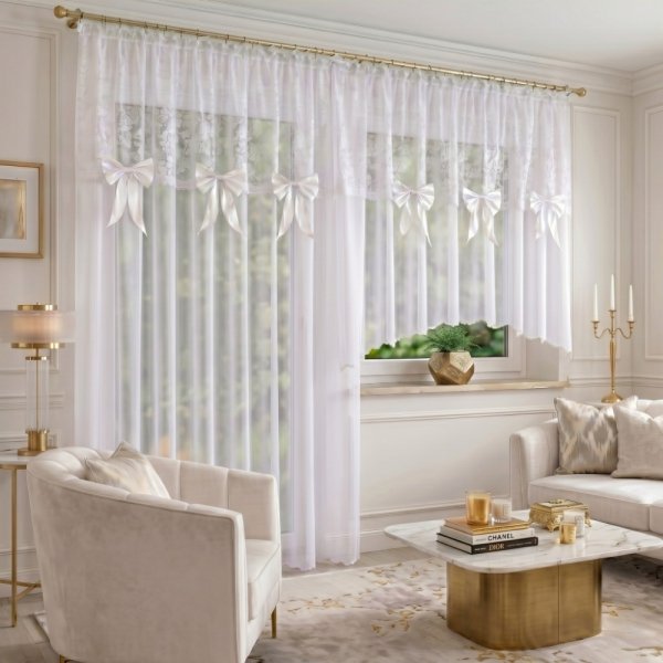 Widok na elegancką dekorację okienną Estella w jasnym wnętrzu, podkreślający lekkość materiału i subtelny wzór haftu.