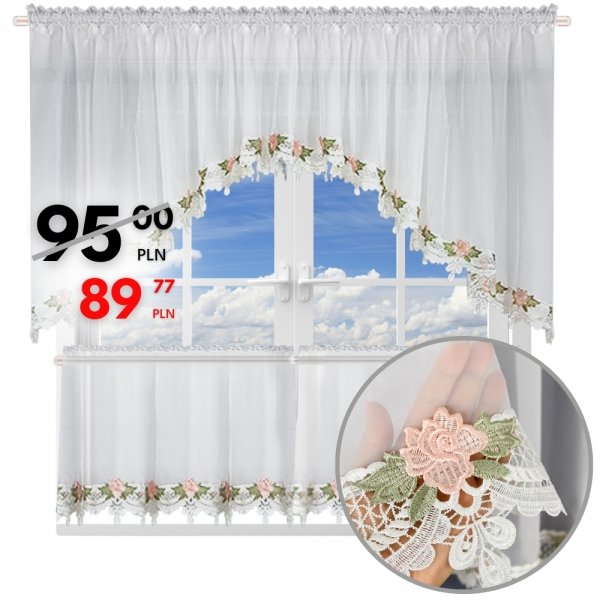 Komplet firan z zazdrostkami i gipurą w róże 400 × 100 cm - Nelli.pl