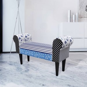 Patchworkowa ławka w rustykalnym stylu, niebiesko-biała