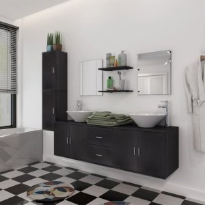 9 elementowy zestaw czarnych mebli łazienkowych i umywalka