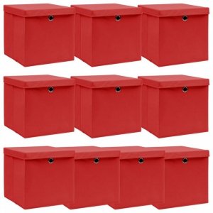 Pudełka z pokrywami, 10 szt., czerwone, 32x32x32 cm, tkanina