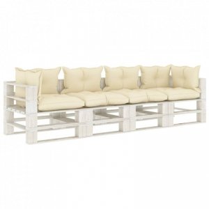 Ogrodowa sofa 4-osobowa z palet, z kremowymi poduszkami, drewno