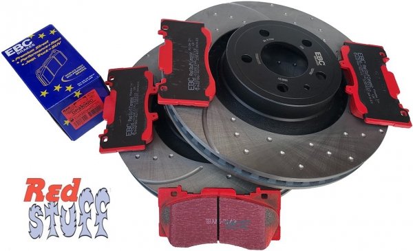 Przednie klocki RedStuff + NAWIERCANE NACINANE tarcze hamulcowe 352mm EBC seria GD Ford Mustang 2015-