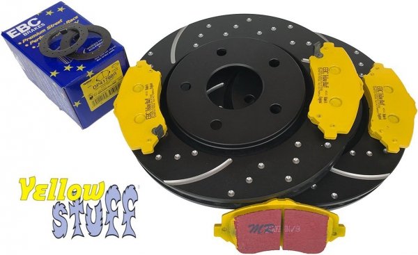 Przednie klocki YellowStuff + NAWIERCANE NACINANE tarcze hamulcowe 302mm EBC seria GD Fiat Freemont -2012