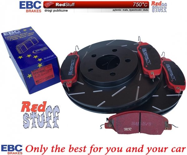Przednie CERAMICZNE klocki RedStuff + NACINANE tarcze hamulcowe 293mm EBC serii USR Ford Mustang 2005-2010