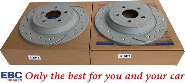 Tylne CERAMICZNE klocki RedStuff + NACINANE tarcze hamulcowe 320mm EBC seria GD Ford Mustang 2015-