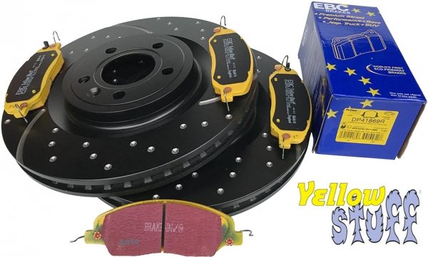 Przednie klocki YellowStuff + NAWIERCANE NACINANE tarcze hamulcowe 336mm EBC seria GD Ford Mustang 2011-2014