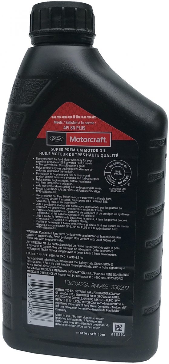 Oryginalny filtr oraz syntetyczny olej silnikowy Motorcraft 5W30 Mercury Milan 3,0 V8 -2008