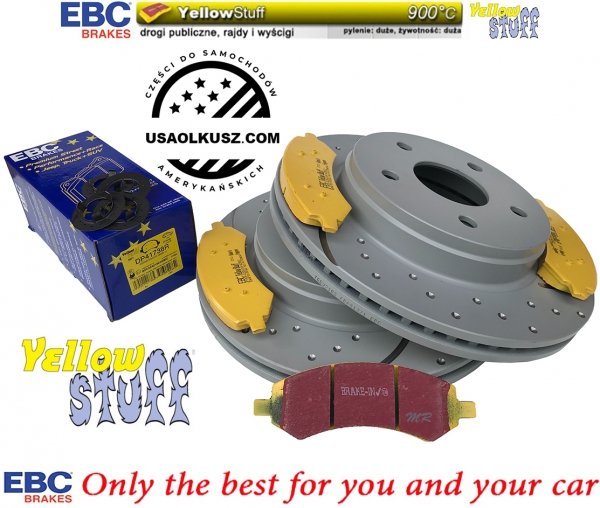 Przednie klocki YellowStuff + nawiercone nacinane tarcze hamulcowe EBC seria GD Dodge RAM 1500 2006-