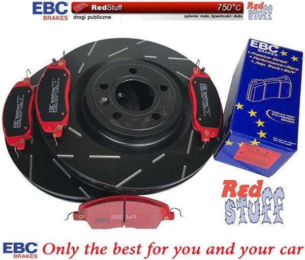 Przednie klocki RedStuff + NACINANE tarcze hamulcowe 336mm EBC seria USR Ford Mustang 2011-2014