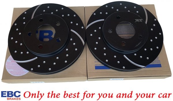 Przednie CERAMICZNE klocki RedStuff + WIERCONE NACINANE tarcze hamulcowe 293mm EBC serii GD Ford Mustang 2005-2010