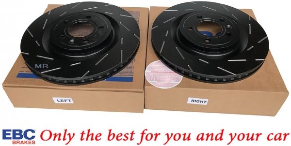 Przednie klocki RedStuff + NACINANE tarcze hamulcowe 336mm EBC seria USR Ford Mustang 2011-2014