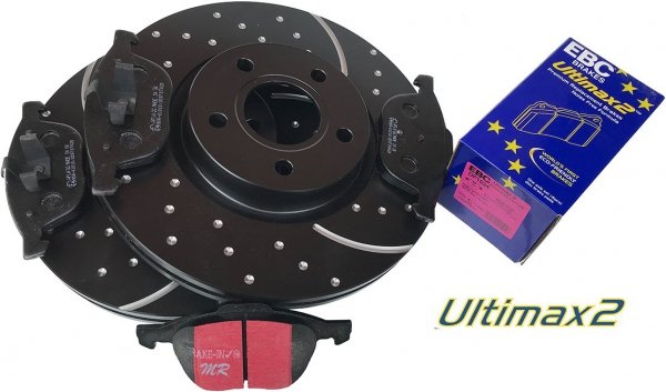 Przednie klocki Ultimax2 + NAWIERCANE NACINANE tarcze hamulcowe 300mm EBC seria GD Ford Escape FWD 2013-2019
