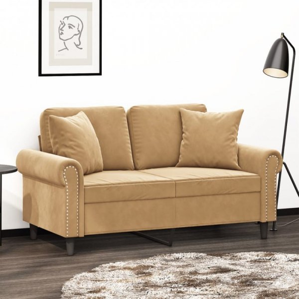 2-osobowa sofa z poduszkami, brązowa, 120 cm, aksamit