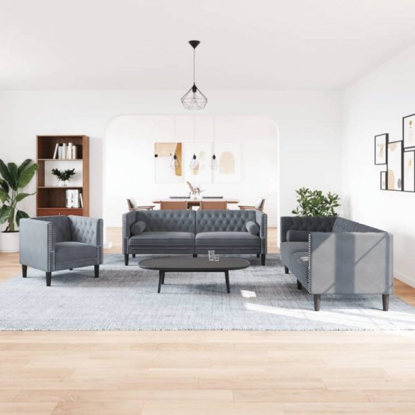3-cz. wypoczynek Chesterfield z wałkami, ciemnoszary, aksamit