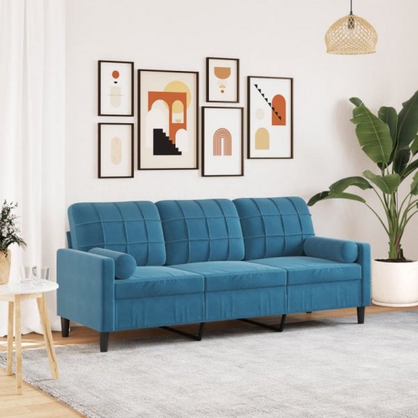3-osobowa sofa z poduszkami, niebieska, 180 cm, aksamit