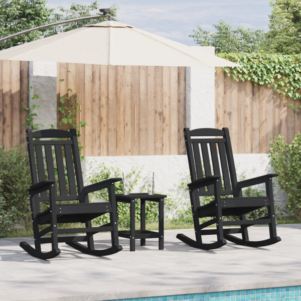3 Częściowy Zestaw Lounge do Ogrodu Czarny HDPE,  Krzesło Bujane Ogrodowe Czarny 70x92x108 cm HDPE,  Stolik Boczkowy Adirondack Czarny 38x38x45 cm HDPE