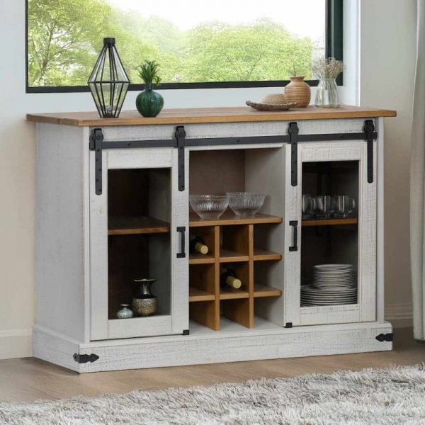 Komoda HALDEN 2 Drzwi przesuwne Biały 112x40x80 cm Drewno lite