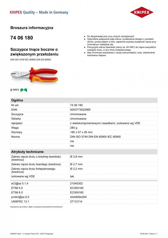 SZCZYPCE TNĄCE BOCZNE O ZWIĘKSZONYM PRZEŁOŻENIU 180MM (1 SZT)