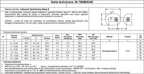 ŁAŃCUCH TECHNICZNY CZARNY 6MM G8 WLL 1.15T (5 KG)