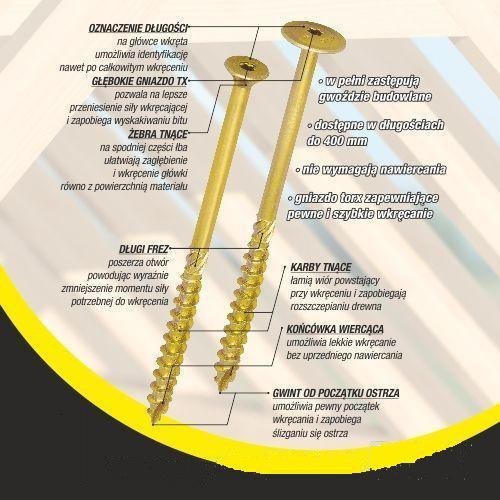 WKRĘT DO DREWNA Z KOŁNIERZEM NA TORX OCYNKOWANY 10*300MM T40 (50 SZT)