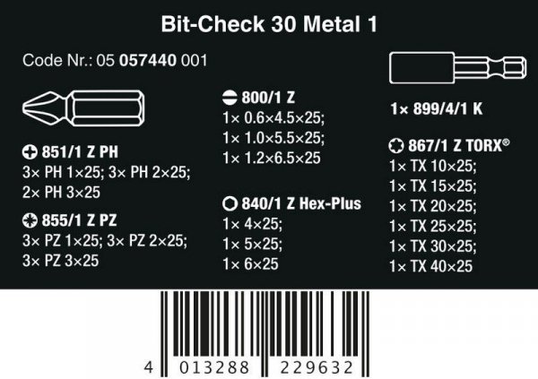 ZESTAW BITÓW BIT-CHECK 30 METAL 1 SB, 30 CZ. (1 KPL)