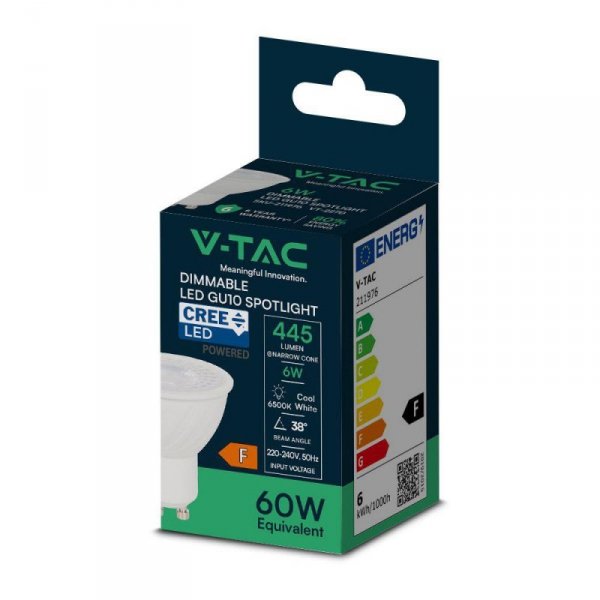 Żarówka LED V-TAC CREE CHIP 6W GU10 38st ściemnialna VT-227D 3000K 445lm 6 Lat Gwarancji