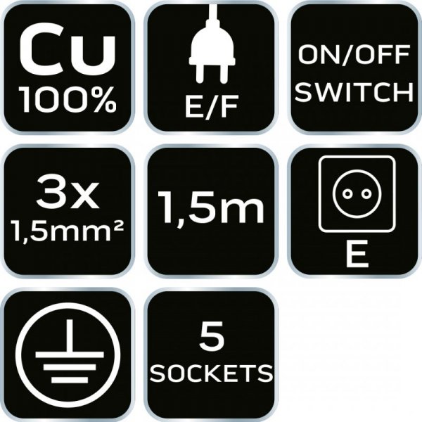 Przedłużacz listwowy 1.5m, 3x1.5mm2, 5G, biały, ON/OFF