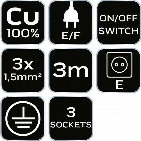 Przedłużacz listwowy 3m, 3x1.5mm2, 3G, biały, ON/OFF