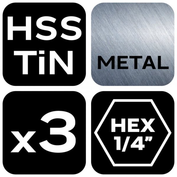 Zestaw wierteł stopniowych HSS TiN, 3-20 mm, Hex, 3 szt.