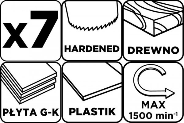 Otwornica do drewna 26 - 63 mm, h 50 mm zęby hartowane, zestaw 7 szt.