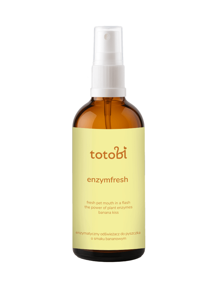 TOTOBI Enzymfresh – enzymatyczny odświeżacz do pyszczka dla psa i kota, o smaku bananowym, 100 ml