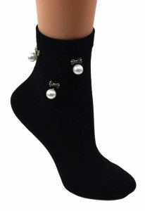 Eleganckie skarpety damskie Aura.Via czarne z perełkami i kokardkami 38-41