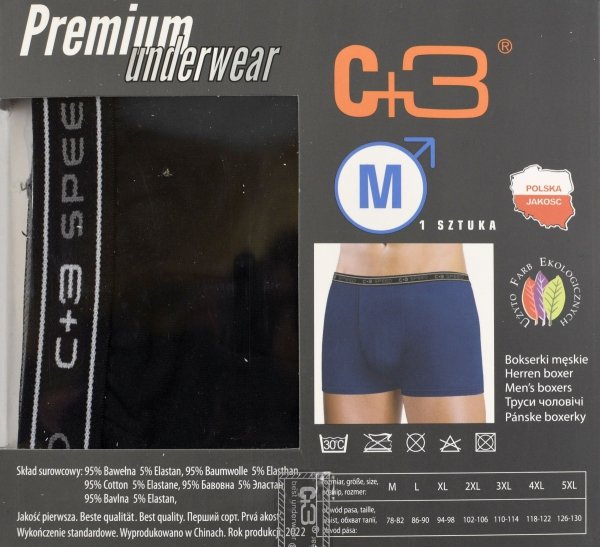 Czarne bokserki męskie C+3 Premium – bawełna 95% roz M