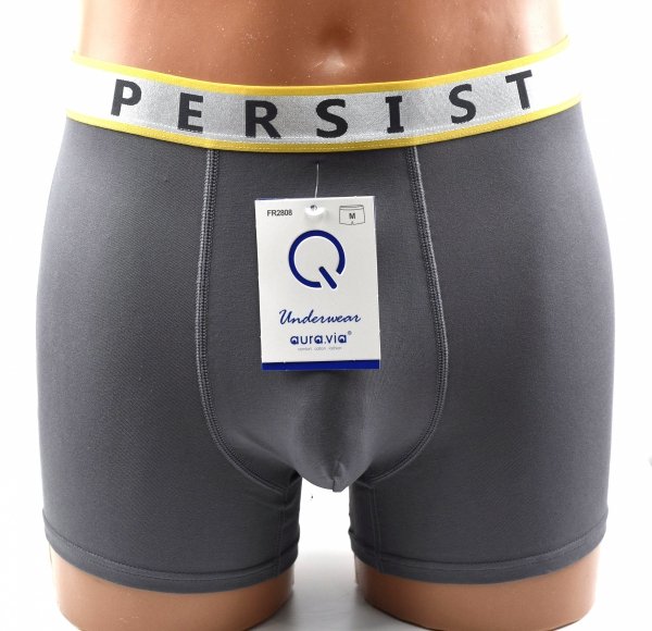 Bokserki męskie Aura.Via PERSIST–szare,bawełniane,srebrny pas z żółtą lamówką,3XL