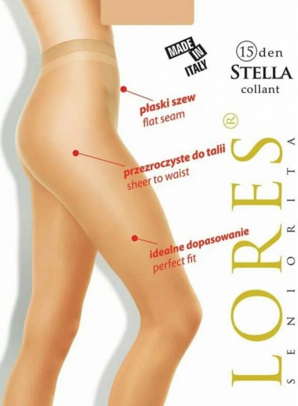 Lores Stella 15 DEN to rajstopy damskie bez wydzielonej części majteczkowej, przezroczyste aż do talii. Idealnie sprawdzają się do krótkich spódnic i szortów.
