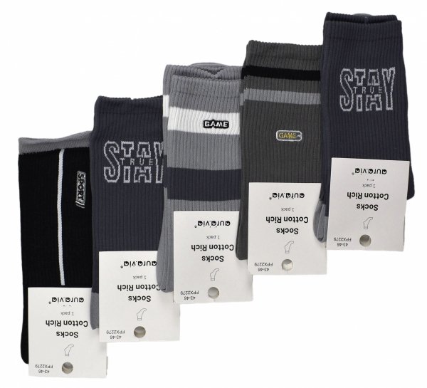 Zestaw pięciu męskich skarpet bawełnianych z gamingowymi napisami łączy przewiewność z nowoczesnym stylem. Idealne do sneakersów, szkoły, treningu i codziennego noszenia.