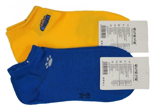 Stopki bawełniane unisex dla dzieci z motywem piesków i kotków zestaw 2 par w rozmiarze 24-27 wykonane przez firmę AuraVia.Model GDF9792