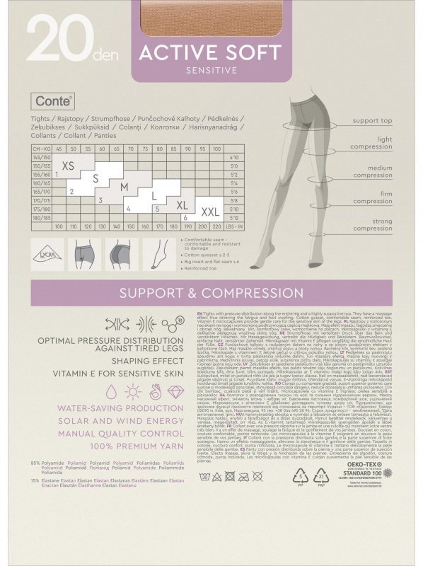 W ACTIVE SOFT 20 połączono efekt shaping, wsparcie i pielęgnację. Transparentna tkanina wygląda naturalnie, a wzmocnione palce oraz bawełniany klin zwiększają komfort codziennego użytkowania.