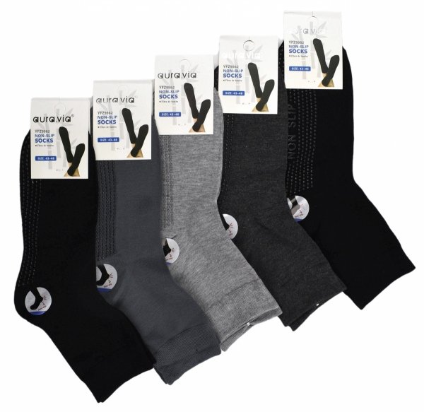 Antypoślizgowe skarpetki męskie Aura.Via z bawełny – idealne do ćwiczeń. System ABS zwiększa przyczepność, a miękki materiał gwarantuje komfort i suchość stóp. W zestawie pięć klasycznych par.