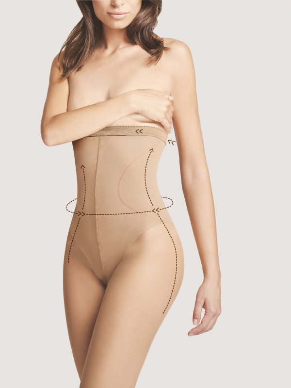 Wysokiej jakości rajstopy Fiore High Waist Bikini 20 Den wyszczuplają talię i brzuch. Dzięki technologii Silver Fresh skóra pozostaje sucha i świeża, a bawełniany klin zapewnia wygodę użytkowania.