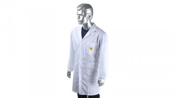 Fartuch laboratoryjny, Unisex, Biały, rozmiar: M, Antyelektrostatyczny, Przycisk, Bawełna, poliester, 3, Wielorazowe