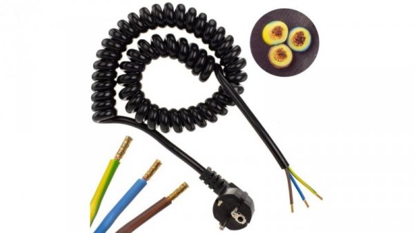 Przewód OMY spiralny H03VVH8-F z wtyczką 3x1 0,62m / 4m czarny