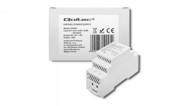 Qoltec Przemysłowy zasilacz na szynę DIN 15W 5V 3A