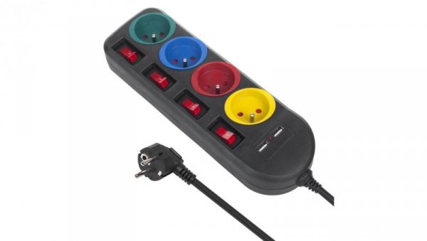 Listwa zasilająca Maclean, przedłużacz 4 gniazda + 2xUSB, z włącznikami, 250VAC/10A, 2.1A 5V, 1.5m, czarna, MCE229 B